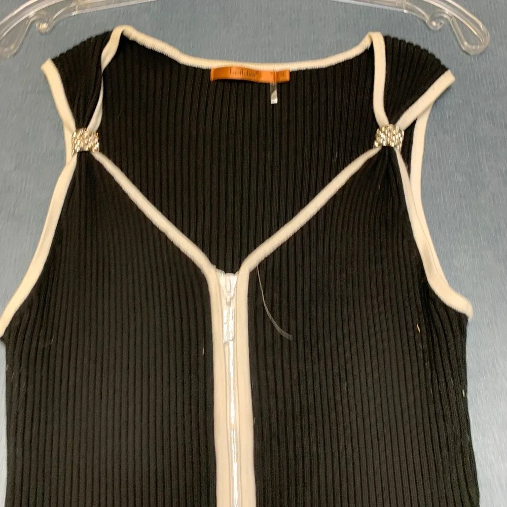 Belldini Knit Top Womens XL Black White Ribbed Sleeveless Outdoor Zip Front